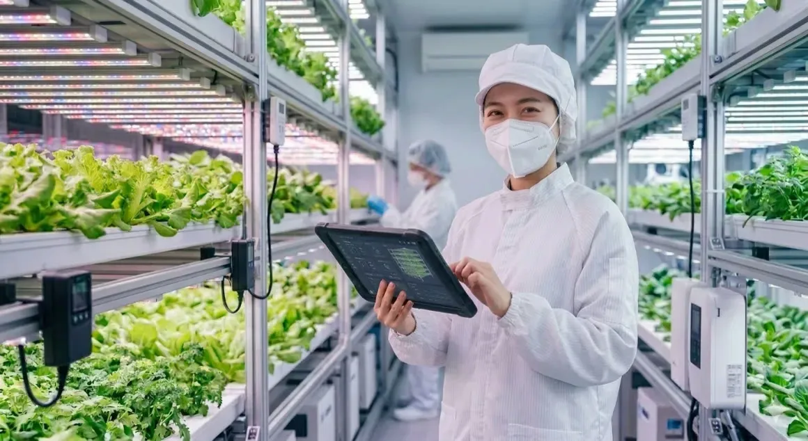 Technician monitoring an indoor vertical farm with a tablet