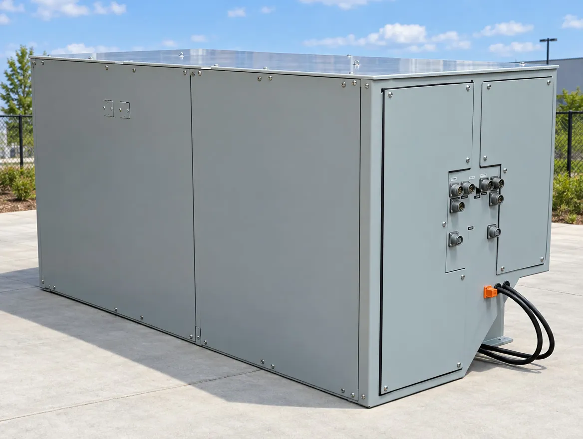 Battery energy storage system enclosure with charging connections on an outdoor concrete pad