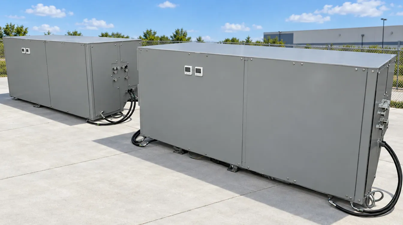 Pair of battery energy storage enclosures on an outdoor concrete pad