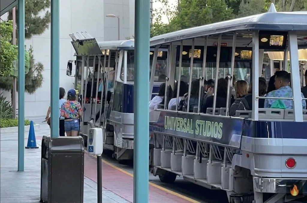 Universal Studios tram with guests aboard
