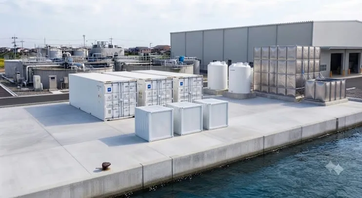 Coastal facility with containerized equipment beside the water