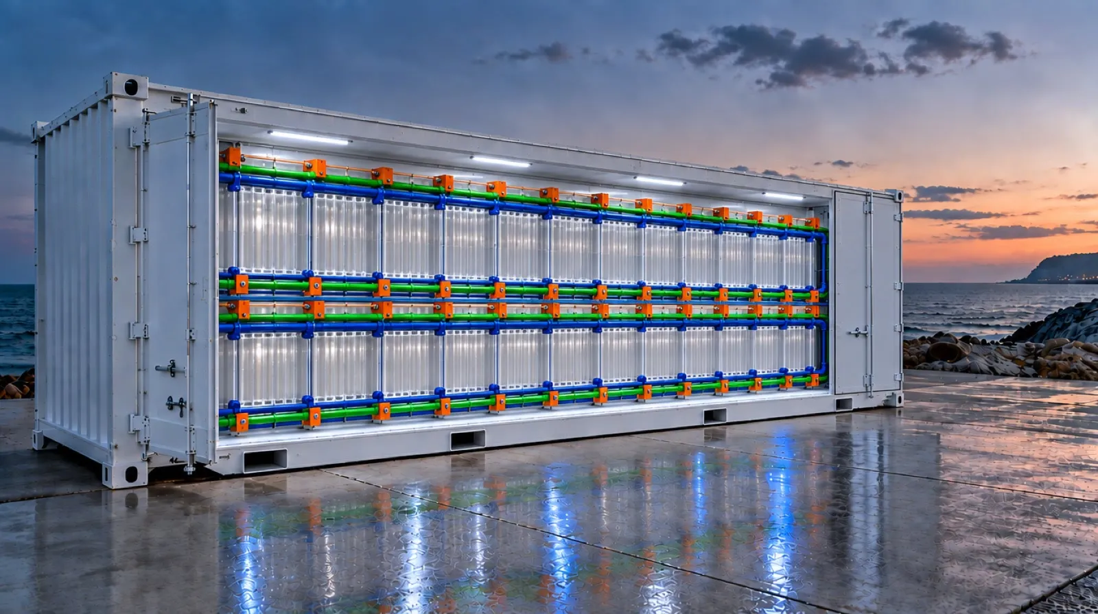 Open 40-foot container lined with RED ion-exchange membrane stacks and water piping, on a coastal pier at dusk
