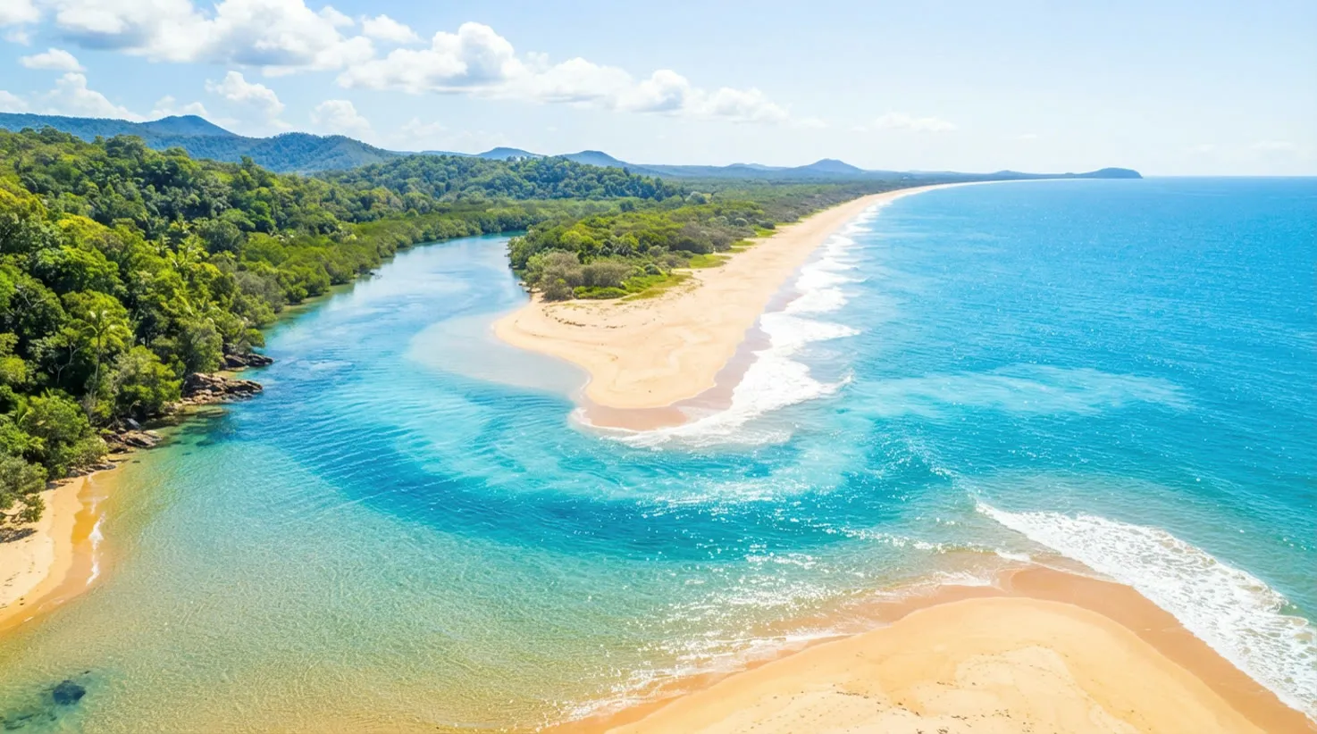 Aerial view of a river meeting the ocean, where freshwater and seawater mix